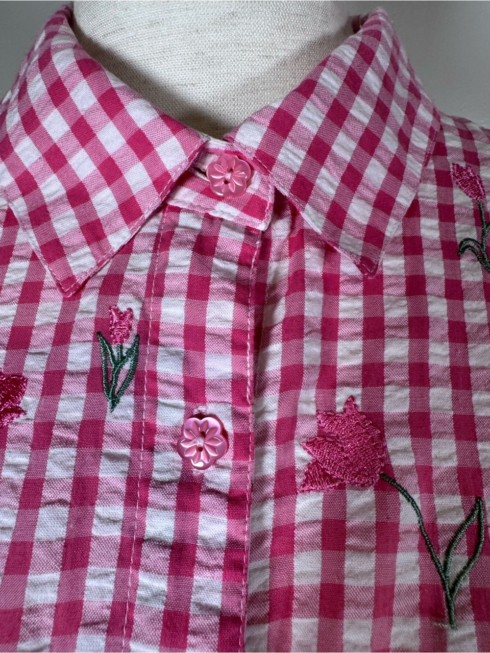 Teddi Pink Gingham Embroidered Tulip Floral VTG Country Cottagecore Blouse Sz PM - Picture 3 of 11